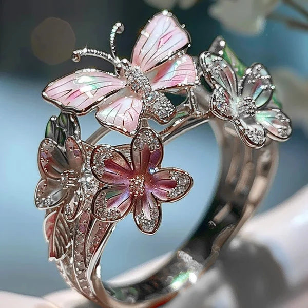 Adjustable Elegant Transparent Crystal 3D Shining Diamond Drop Oil Butterfly Flower Ring For Women Aesthetic Gold Plated Cute Animal Insect Fashion Jewelry - Nyaabs