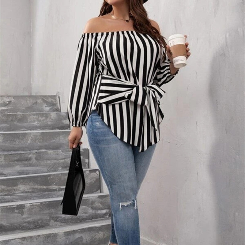 European And American Black And White Striped Sexy Fashion Off-shoulder Shirt nyaabs.com