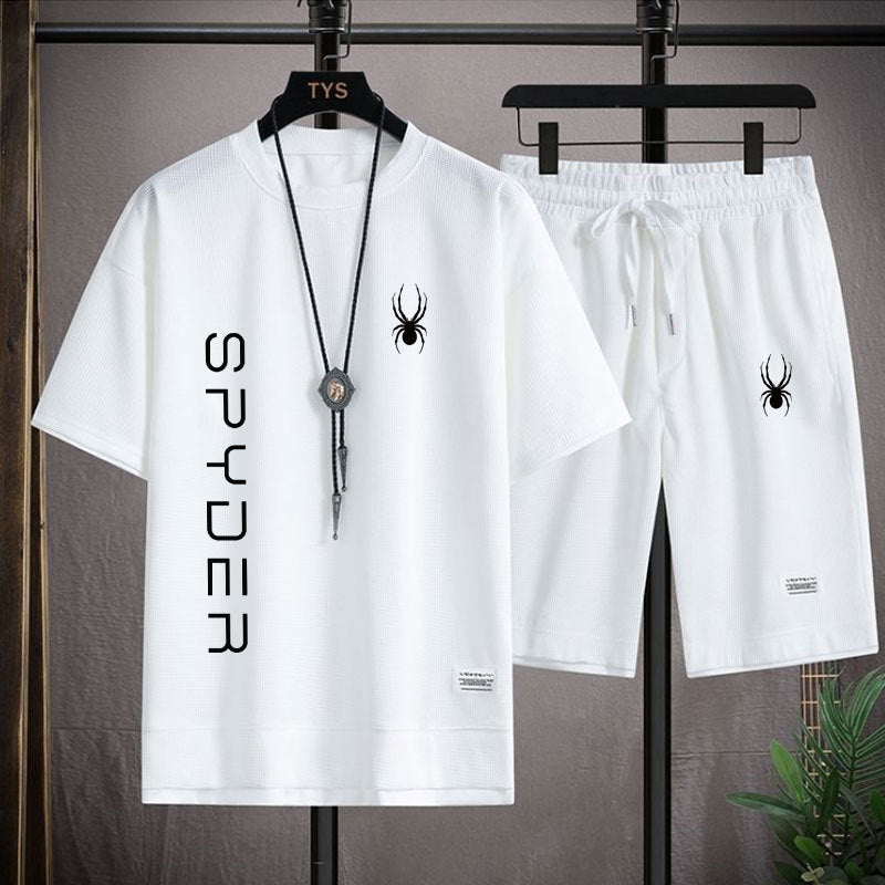 New Summer Men's Waffle Set Casual T-shirt and Shorts Set Men's Sports Suit Solid Color Sportswear - Nyaabs