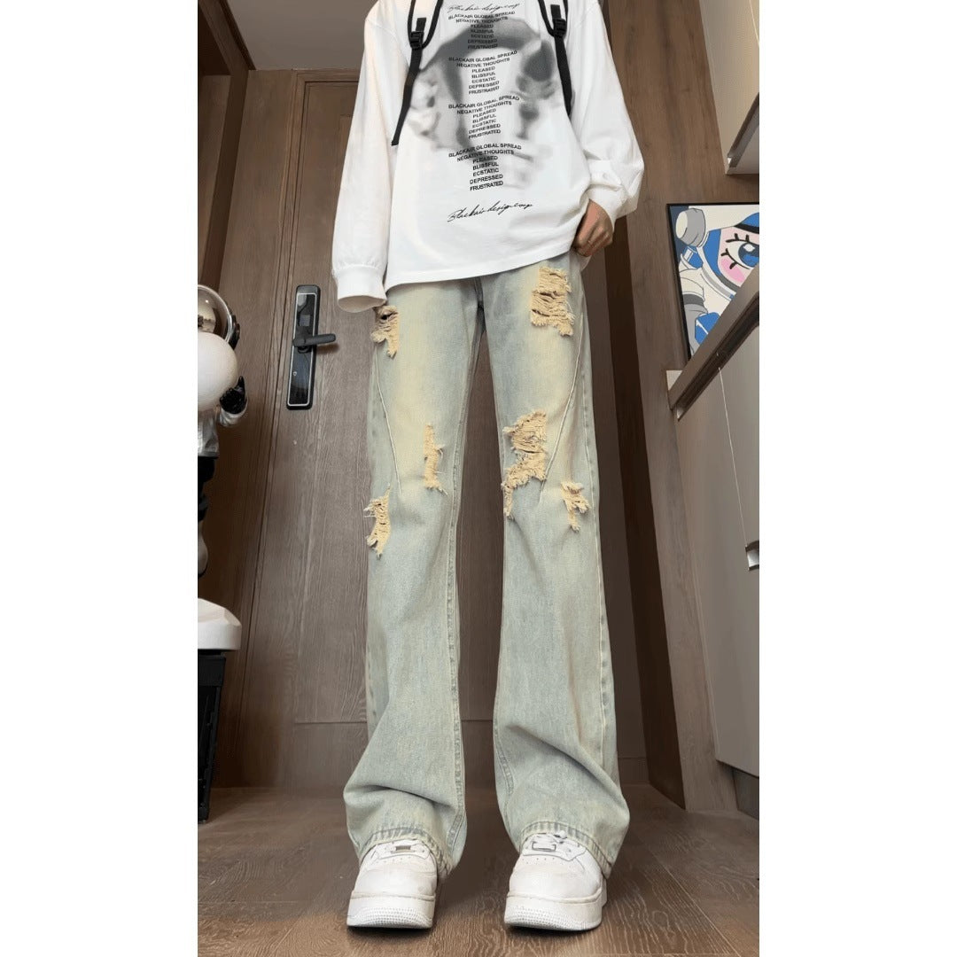 American Vibe Style Retro Wide Leg Jeans Ripped Design Sense nyaabs.com