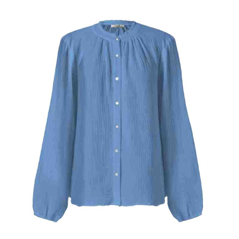 Cotton Stand Collar Ruffled Long Sleeve Shirt Lantern Sleeve nyaabs.com