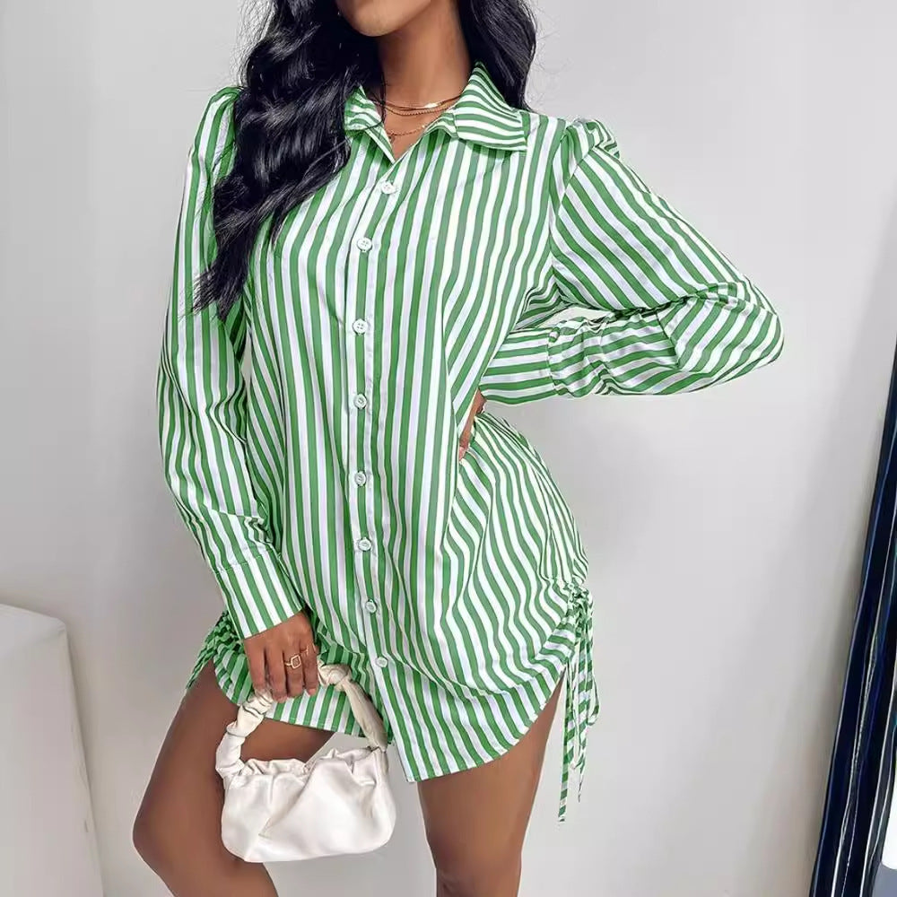 Women's Fashion Color Contrast Striped Long Sleeve Lapel Shirt Dress nyaabs.com