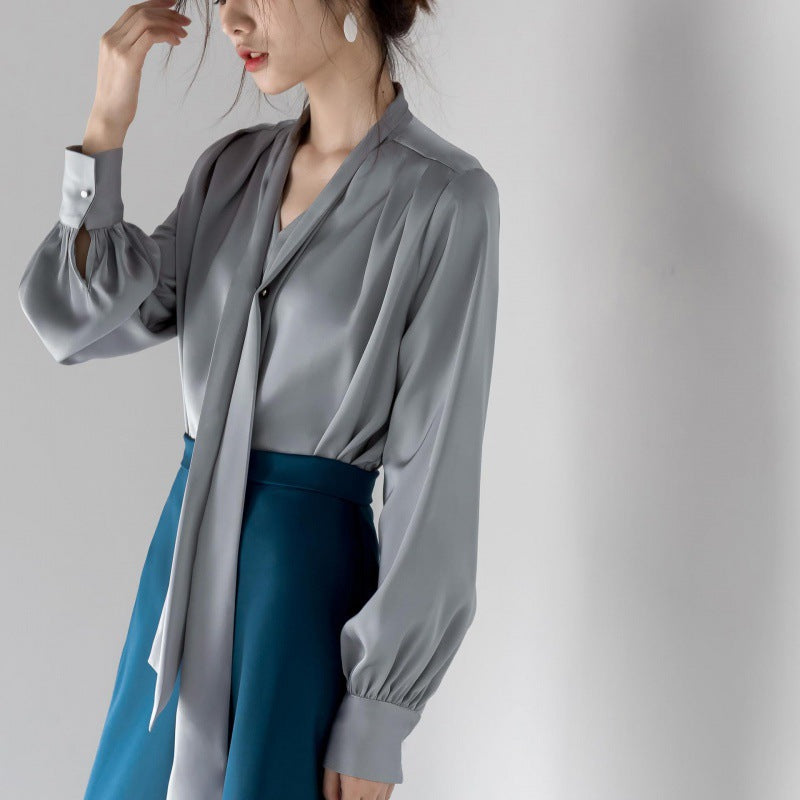 Satin Tie-neck Long Sleeve Shirt Simple All-match Tops nyaabs.com