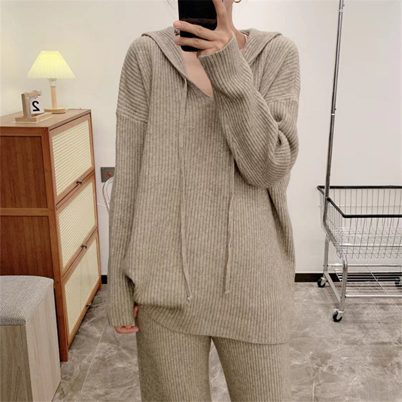 Fashionable Knitted Suit Fall Winter Hooded Loose Casual Sweater Wide Leg Pants Two-piece Set nyaabs.com