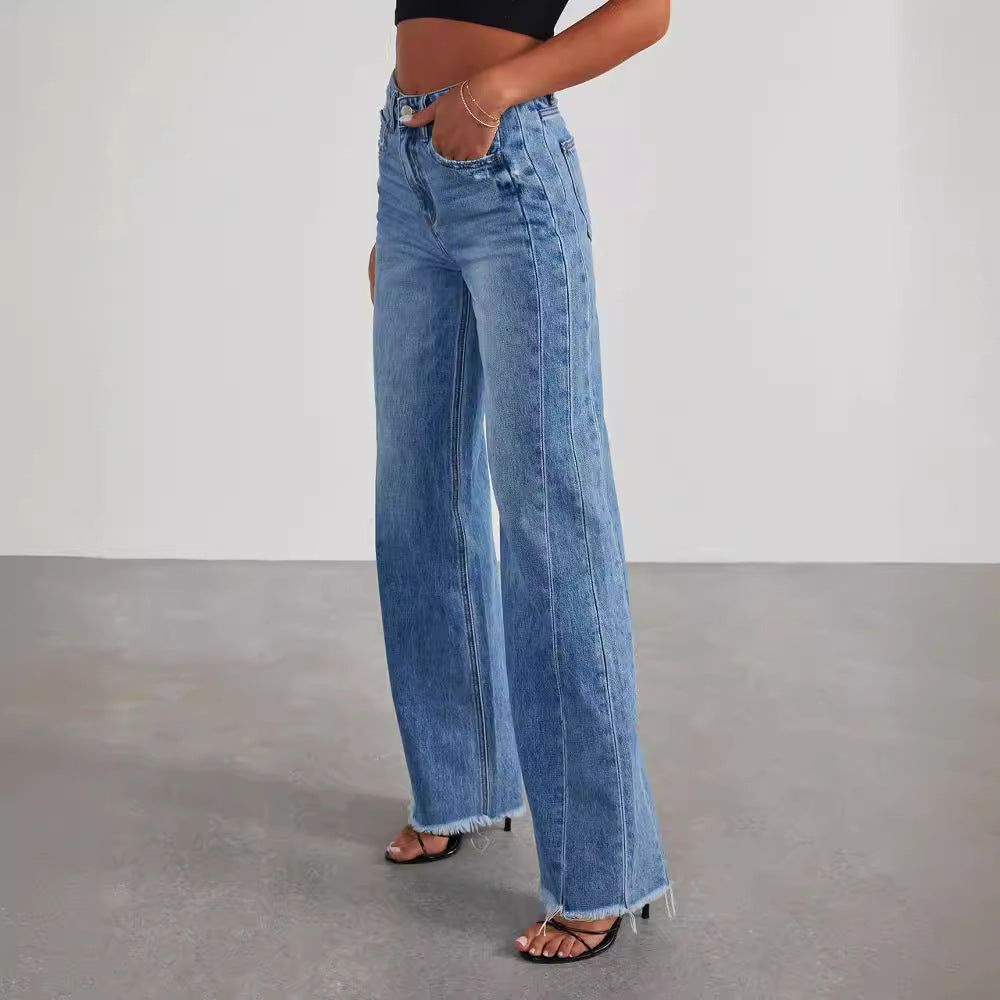 Women's Loose Wide-leg Side Seam Stitching Frayed Hem Jeans nyaabs.com