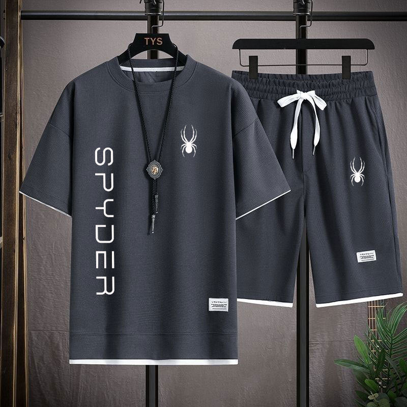 New Summer Men's Waffle Set Casual T-shirt and Shorts Set Men's Sports Suit Solid Color Sportswear - Nyaabs