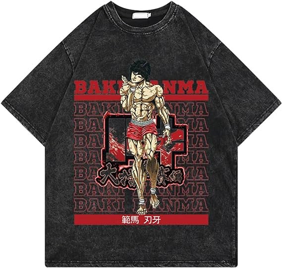 European and American washed distressed retro short-sleeved T-shirt anime Baki Hanma Baki Hanma American high street top - Nyaabs