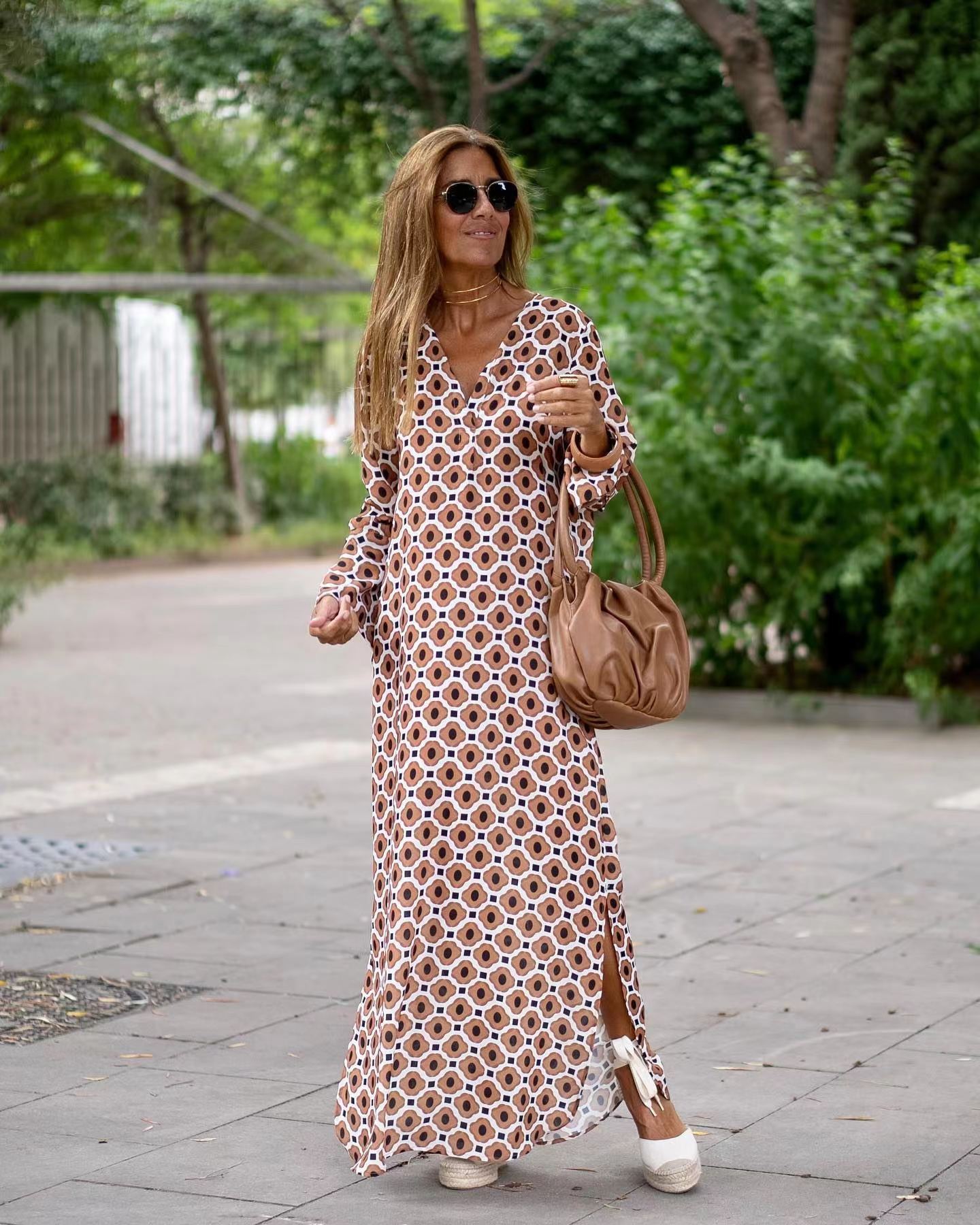 Summer Geometric Printed V-neck Long Dress Fashion Long Sleeve Slit Dresses For Women - Nyaabs