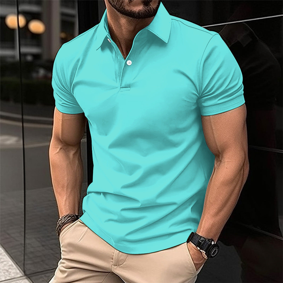 Summer Short Sleeve Polo Shirt Men Solid Color Button Lapel Button Top - Nyaabs