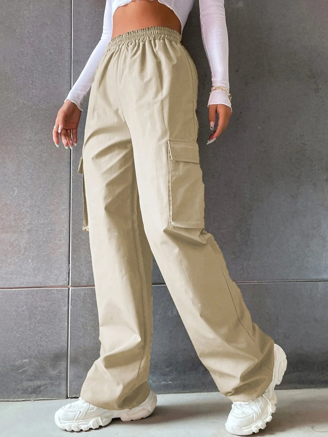 Women's Fashion Solid Color High Waist Flip Workwear With Pocket Pants - Nyaabs