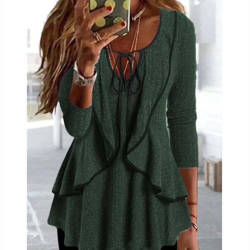 V-neck Lace-up Ruffled Temperament Commute Casual Long-sleeved Top nyaabs.com