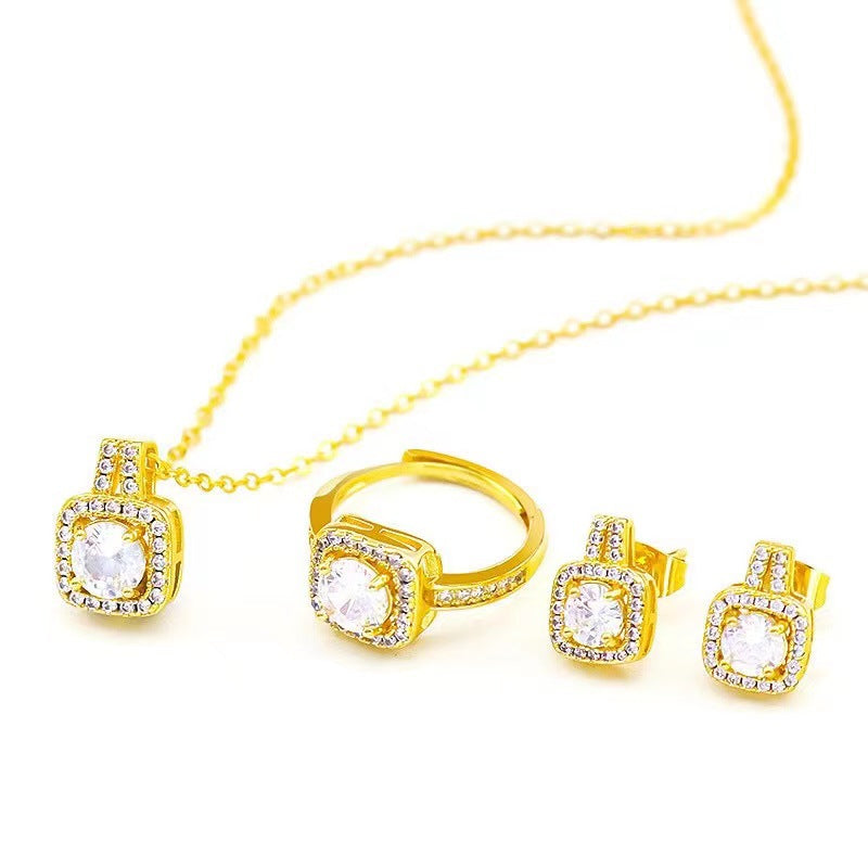 Fashion Jewelry Set Zircon Gem Pendant Chain Choker Necklace For Women Gold Color Stud Earring Statement Wedding Ring - Nyaabs