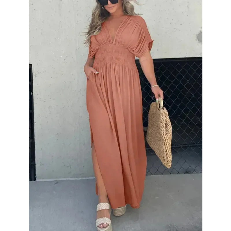 Fashion Bat-sleeved V-neck Slit Dress Summer Short Sleeve Elastic Waist Long Dresses Womens Clothing - Nyaabs