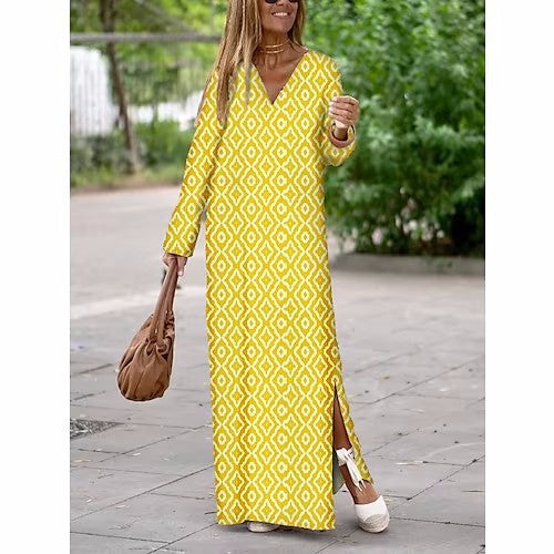 Summer Geometric Printed V-neck Long Dress Fashion Long Sleeve Slit Dresses For Women - Nyaabs