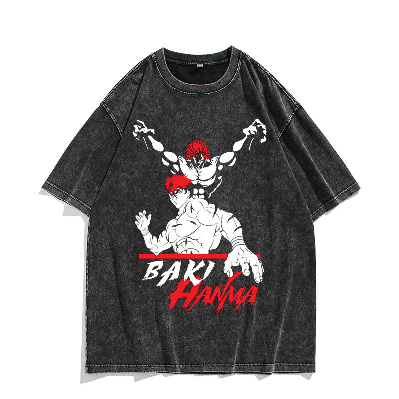 European and American washed distressed retro short-sleeved T-shirt anime Baki Hanma Baki Hanma American high street top - Nyaabs