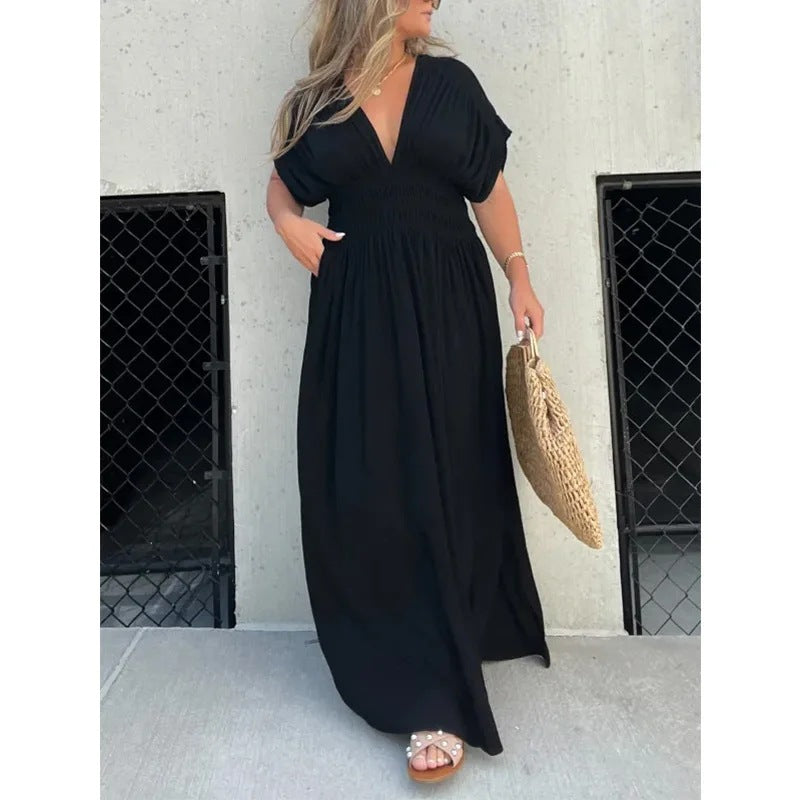 Fashion Bat-sleeved V-neck Slit Dress Summer Short Sleeve Elastic Waist Long Dresses Womens Clothing - Nyaabs