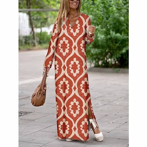 Summer Geometric Printed V-neck Long Dress Fashion Long Sleeve Slit Dresses For Women - Nyaabs