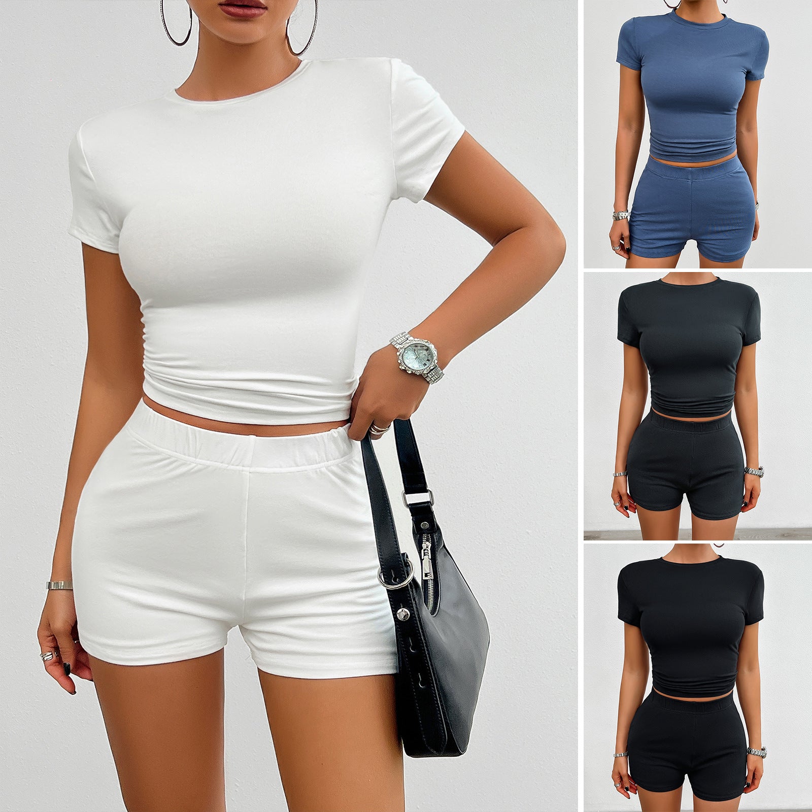 Solid Color Slim Sports Suit Summer 2Pcs Short-sleeved Round Neck T-shirt And Elastic Shorts Fashion Womens Clothing - Nyaabs