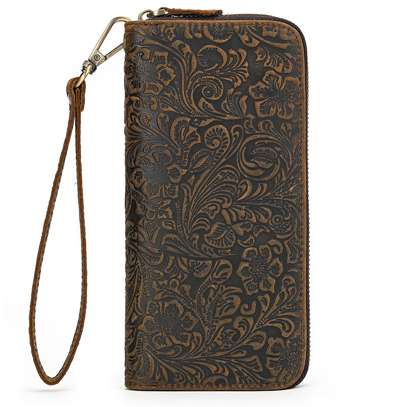 Men's Crazy Horse Leather Retro Embossing Fashion Long Wallet - Nyaabs