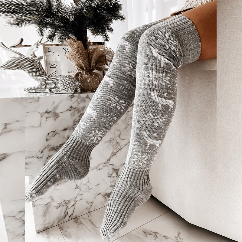 Winter Christmas Warm Knitted Women Stocking Beautiful Elk Snowflake Jacquard Over-the-knee Casual Long Socks For Ladies Gifts Free Size - Nyaabs