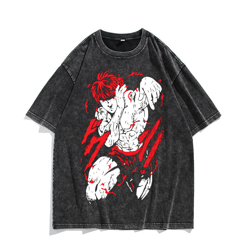 European and American washed distressed retro short-sleeved T-shirt anime Baki Hanma Baki Hanma American high street top - Nyaabs