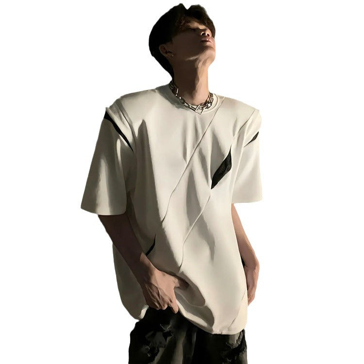 Design Sense Padded Shoulder T-shirt Men's Niche High Sense Split Deconstruction American Short Sleeve nyaabs.com