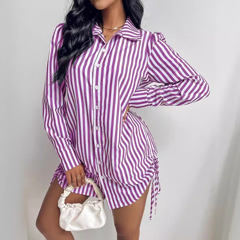 Women's Fashion Color Contrast Striped Long Sleeve Lapel Shirt Dress nyaabs.com