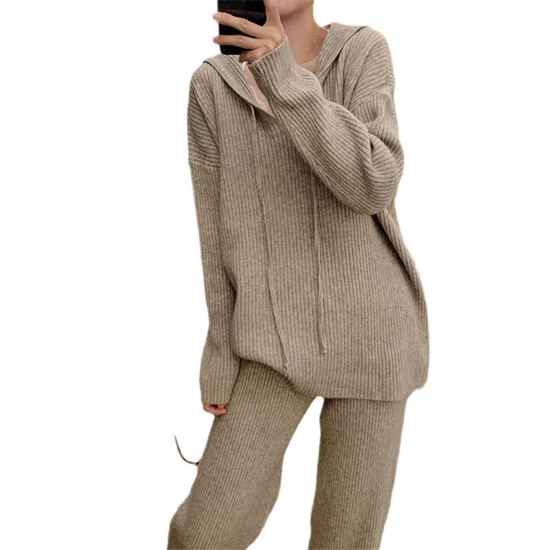 Fashionable Knitted Suit Fall Winter Hooded Loose Casual Sweater Wide Leg Pants Two-piece Set nyaabs.com