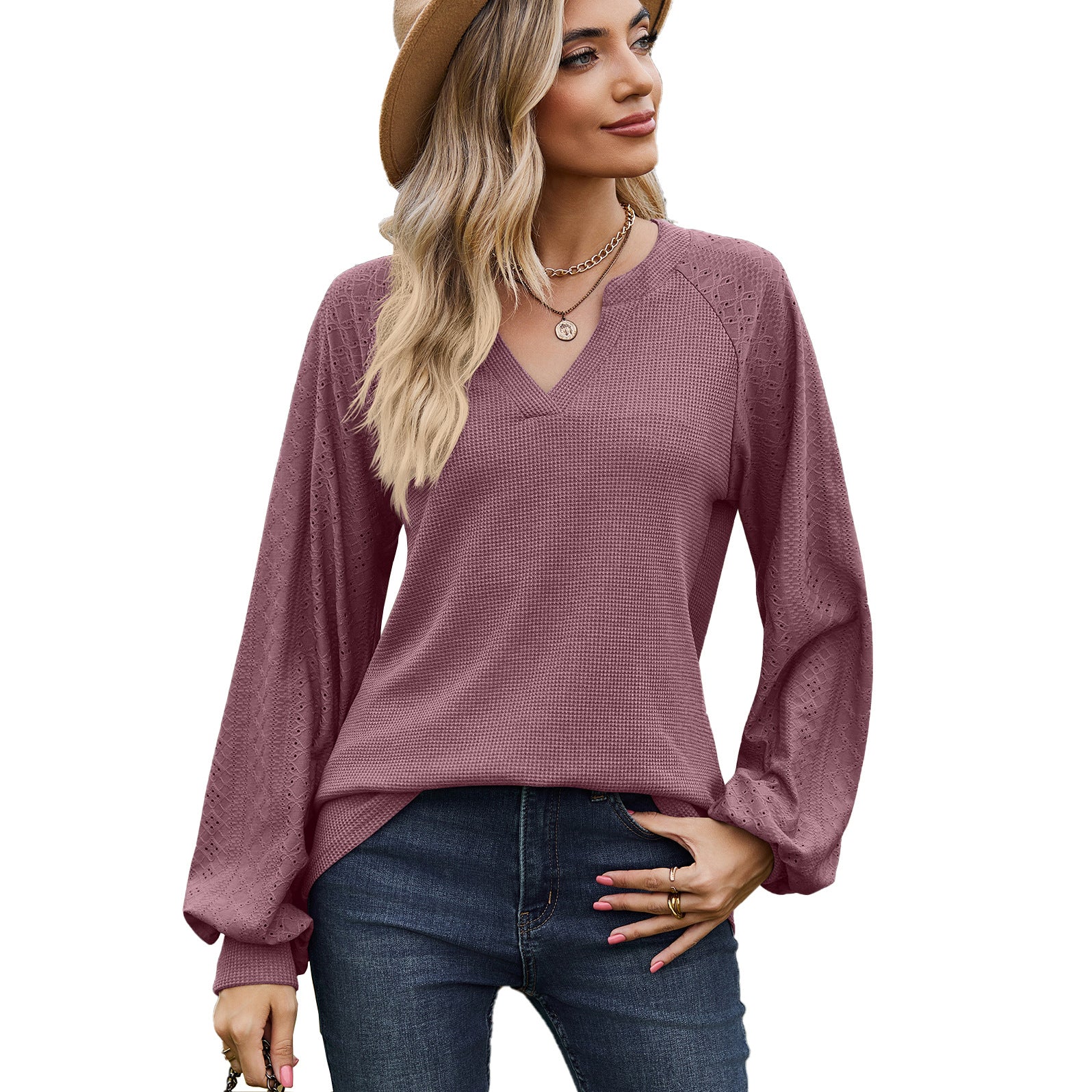 Solid Color V-neck Patchwork Loose Long Sleeve T-shirt nyaabs.com