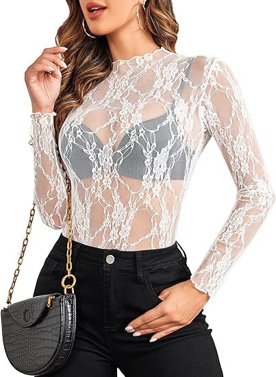 Women's Lace Blouse Long Sleeve Transparent Shirt - Nyaabs