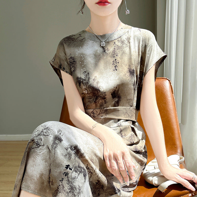 Silky Acetate Satin Chinese Style Ink Painting Skirt Long High Sense nyaabs.com