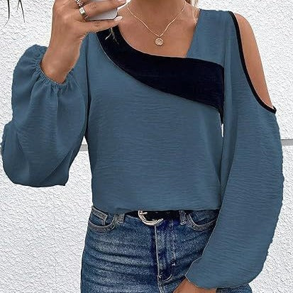 Off-the-shoulder Stitching Pullover Diagonal Collar Long Sleeve Loose Shirt nyaabs.com