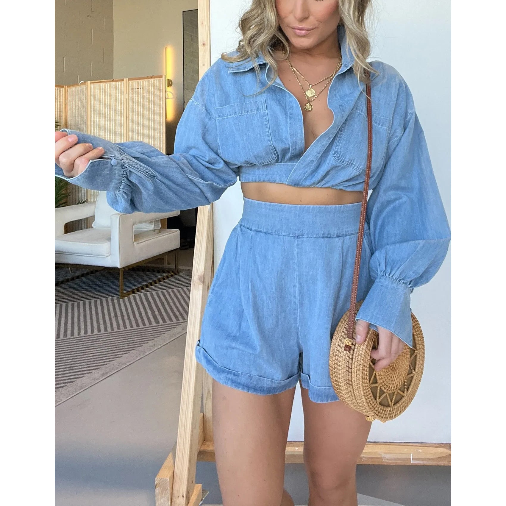 Fashion Women's Wear Denim Shirt Deep V Long Sleeve Suit - Nyaabs