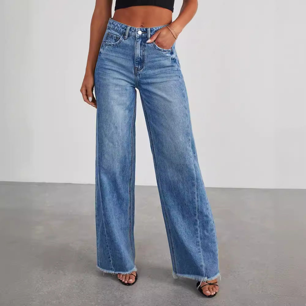 Women's Loose Wide-leg Side Seam Stitching Frayed Hem Jeans nyaabs.com