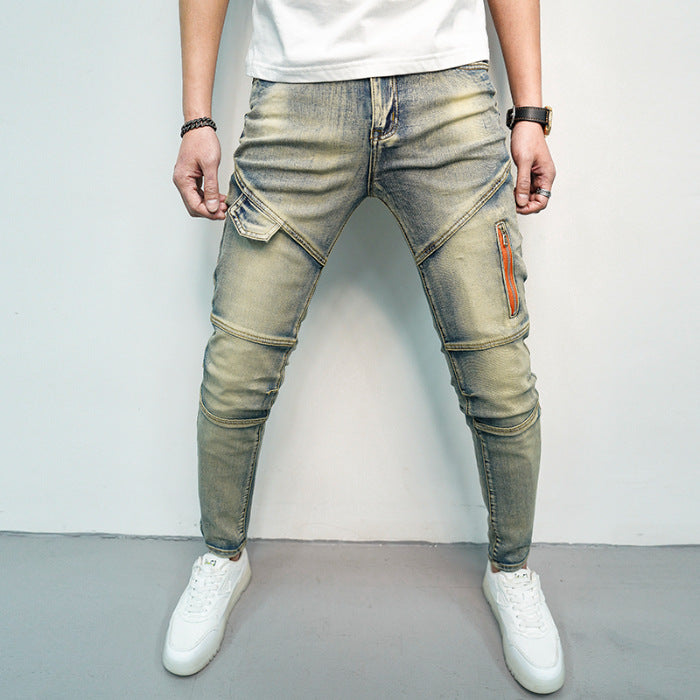 Spring And Summer All-matching Elastic Stitching Skinny Fashion And Handsome Zipper Decorations Men's Jeans - Nyaabs