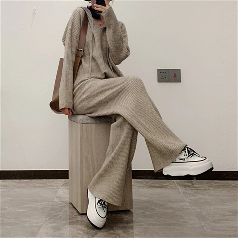 Fashionable Knitted Suit Fall Winter Hooded Loose Casual Sweater Wide Leg Pants Two-piece Set nyaabs.com