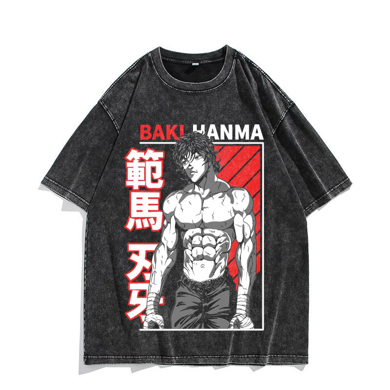 European and American washed distressed retro short-sleeved T-shirt anime Baki Hanma Baki Hanma American high street top - Nyaabs