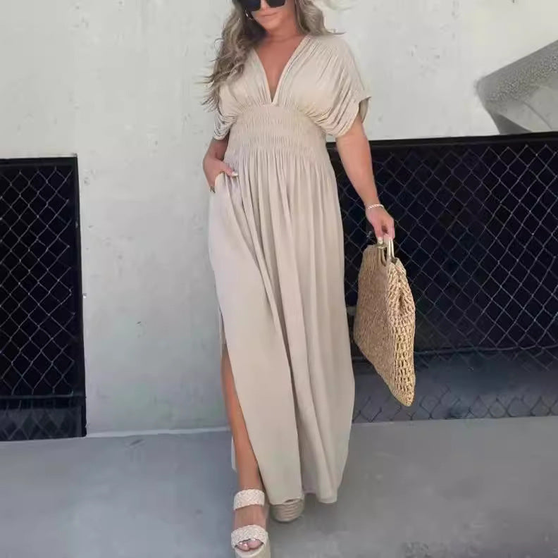 Fashion Bat-sleeved V-neck Slit Dress Summer Short Sleeve Elastic Waist Long Dresses Womens Clothing - Nyaabs