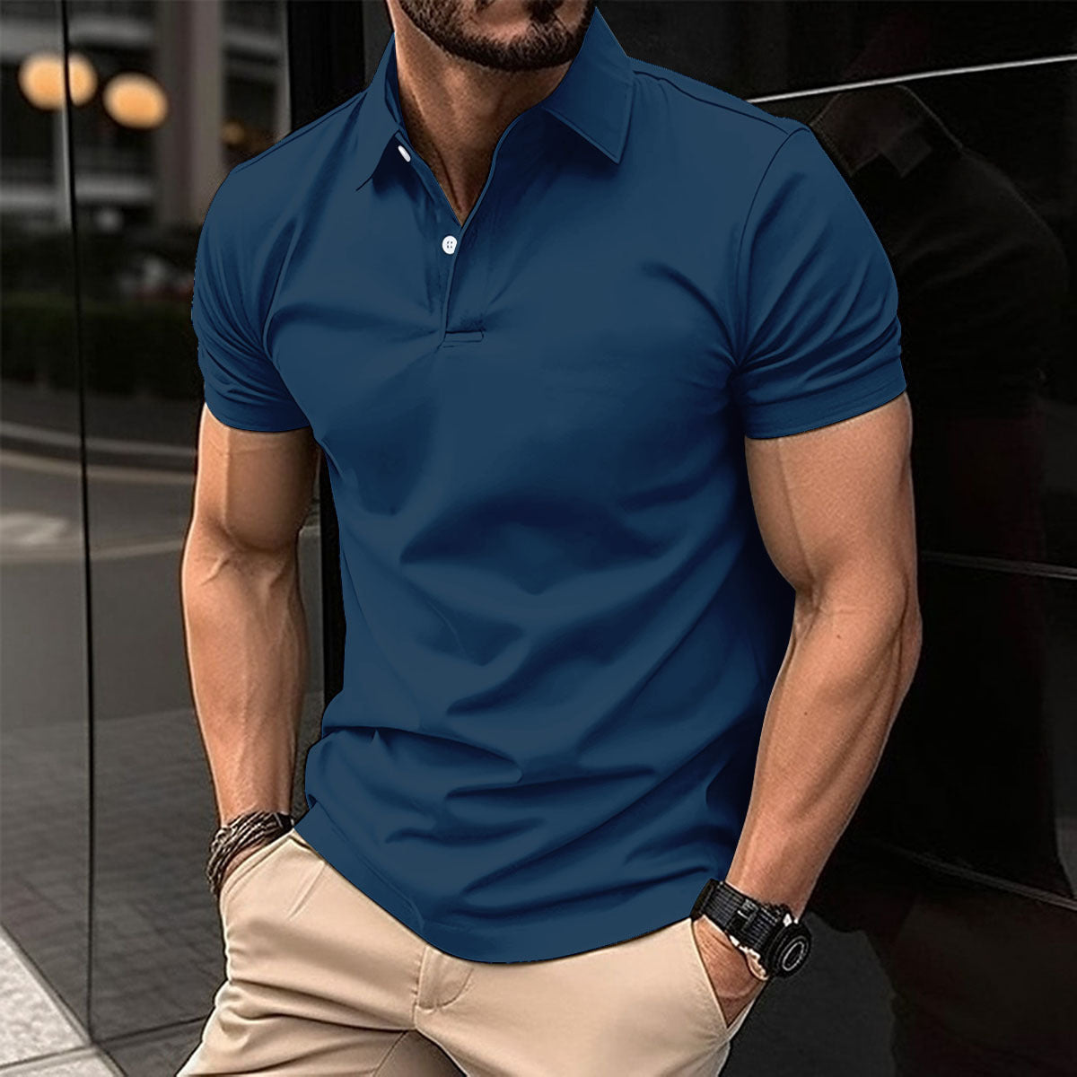 Summer Short Sleeve Polo Shirt Men Solid Color Button Lapel Button Top - Nyaabs