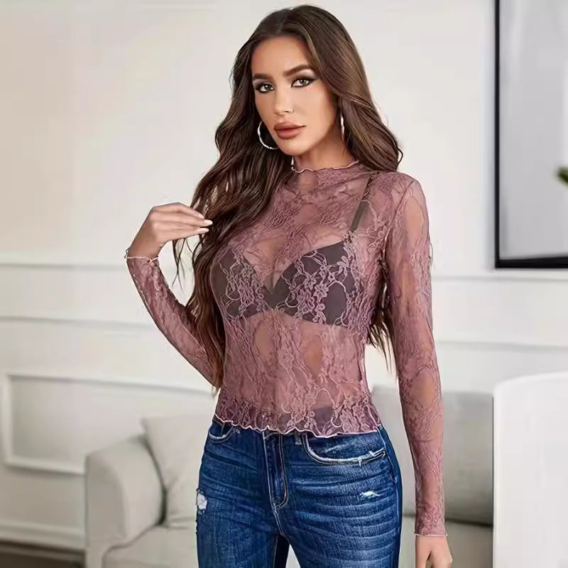 Women's Lace Blouse Long Sleeve Transparent Shirt - Nyaabs