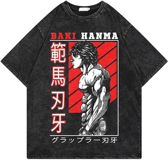 European and American washed distressed retro short-sleeved T-shirt anime Baki Hanma Baki Hanma American high street top - Nyaabs