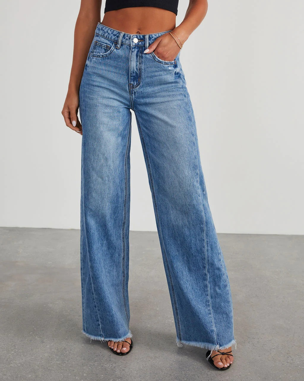 Women's Loose Wide-leg Side Seam Stitching Frayed Hem Jeans nyaabs.com