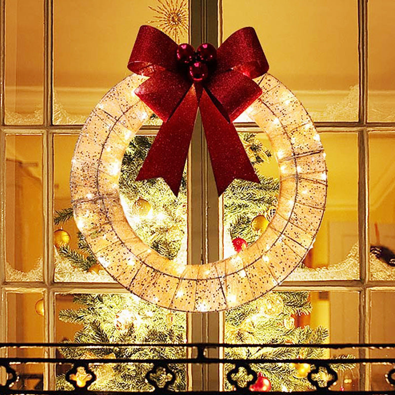 Christmas Garland 50CM Luminous LED Warm Light Metal Luminous Wreath With Big Bowknot Christmas Front Door Home Holiday Party Door Hanging Decor - Nyaabs