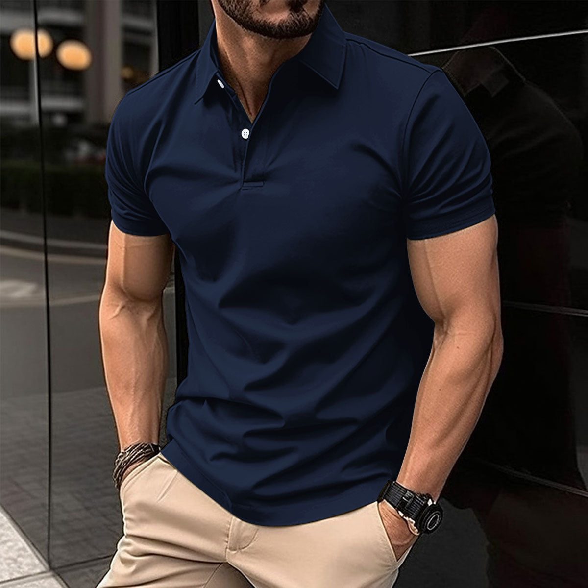 Summer Short Sleeve Polo Shirt Men Solid Color Button Lapel Button Top - Nyaabs