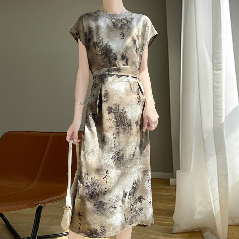 Silky Acetate Satin Chinese Style Ink Painting Skirt Long High Sense nyaabs.com