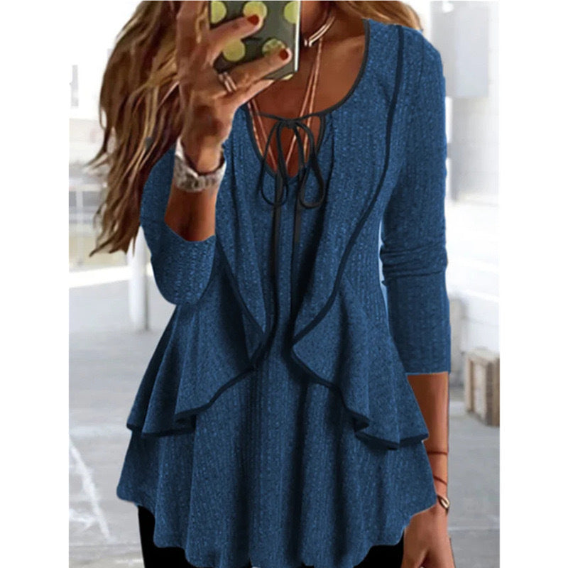 V-neck Lace-up Ruffled Temperament Commute Casual Long-sleeved Top nyaabs.com