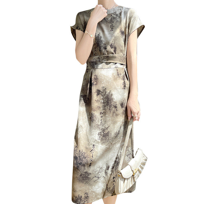 Silky Acetate Satin Chinese Style Ink Painting Skirt Long High Sense nyaabs.com