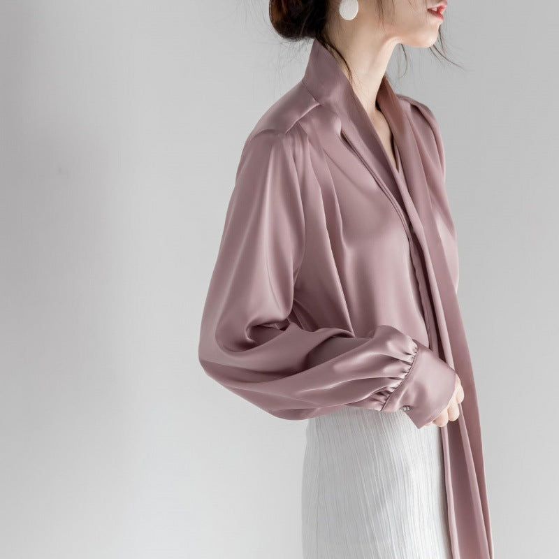 Satin Tie-neck Long Sleeve Shirt Simple All-match Tops nyaabs.com