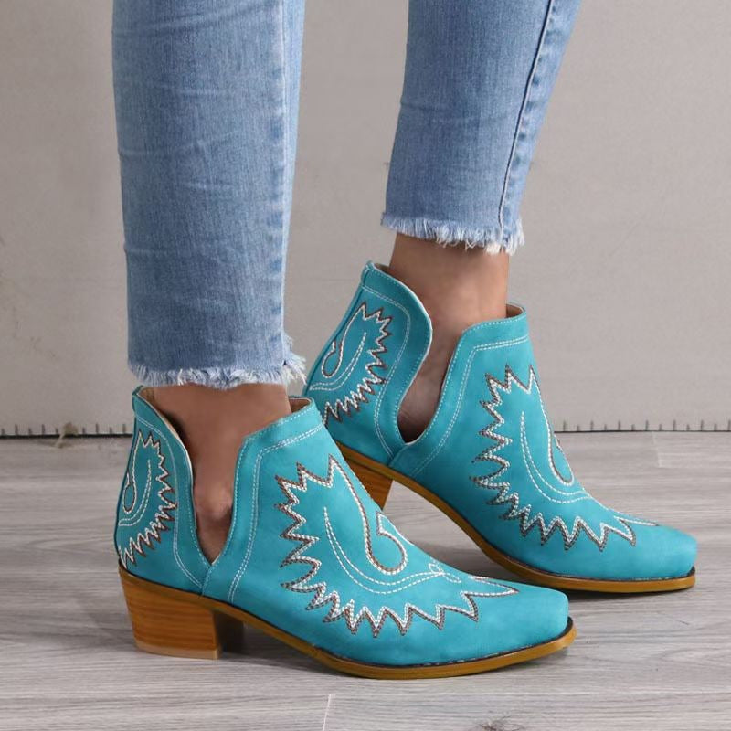 New Pointed Embroidered Chunky Heel Women's Pointed-toe Short Tube Boots nyaabs.com