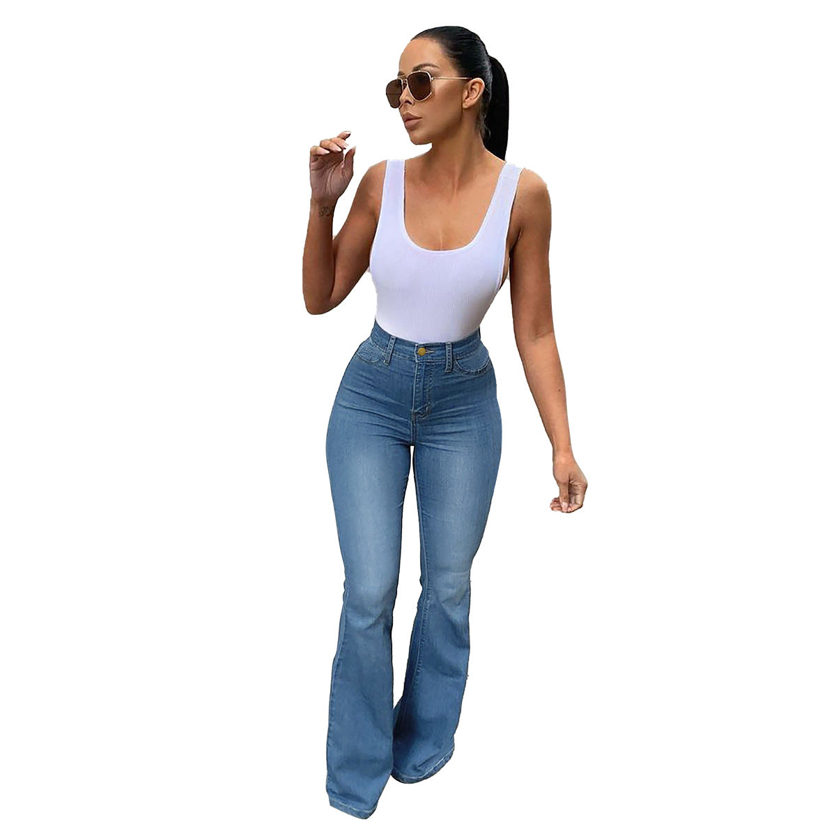 Women's Stretch High Waist Denim Pants Micro-pull Horseshoe Pants nyaabs.com